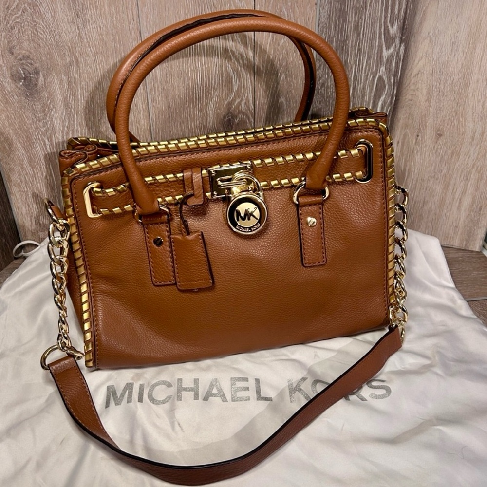 Michael Kors Hamilton Satchel Brown Leather Gold Chain Whipped Trim Classic Tote